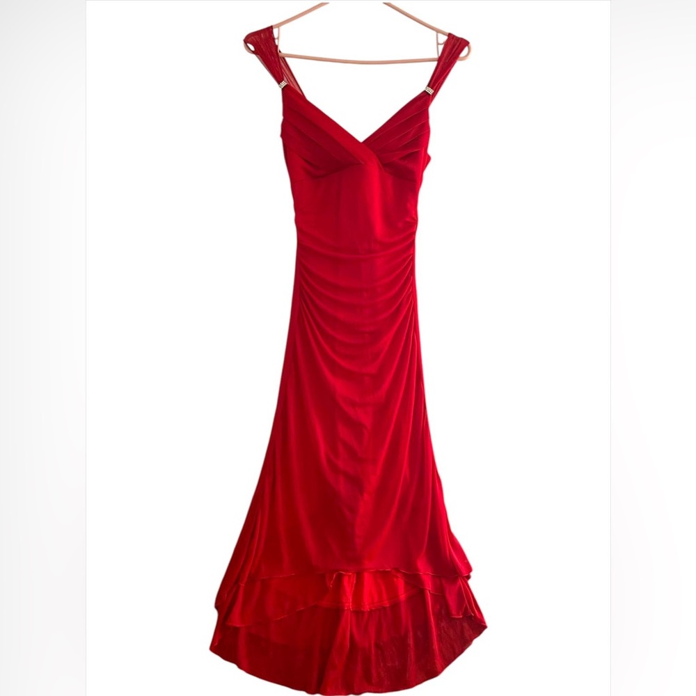 Red Ruched Ruffled High Low Gown